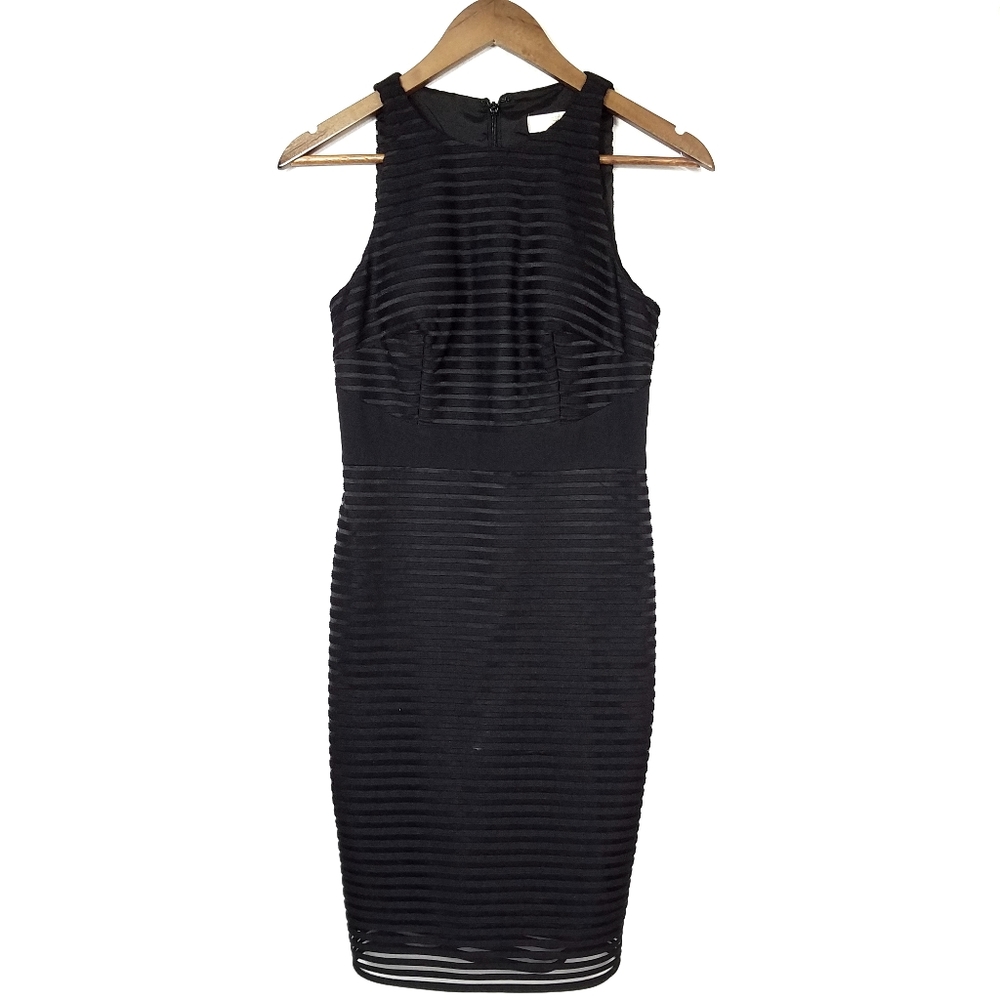 Aidan Mattox Black Stripe Overlay Sheath Dress